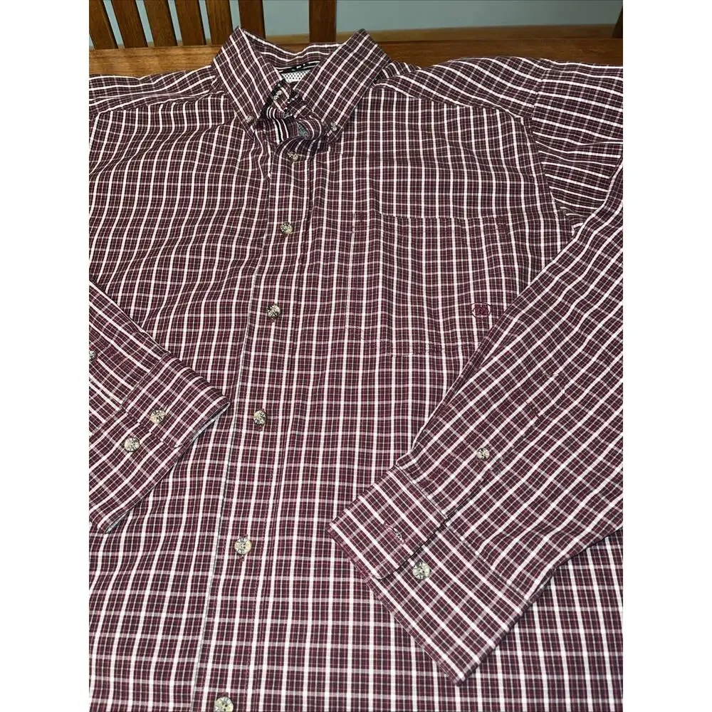 ARIAT Pro Series Long Sleeve Burgundy Plaid Casual Shirt Men's XL - Picture 2 of 5
